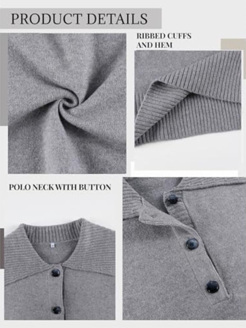 Polo Knit Sweater Pullover V Neck Lapel Collar Button Long Sleeve Loose Ribbed - Picture 6 of 7